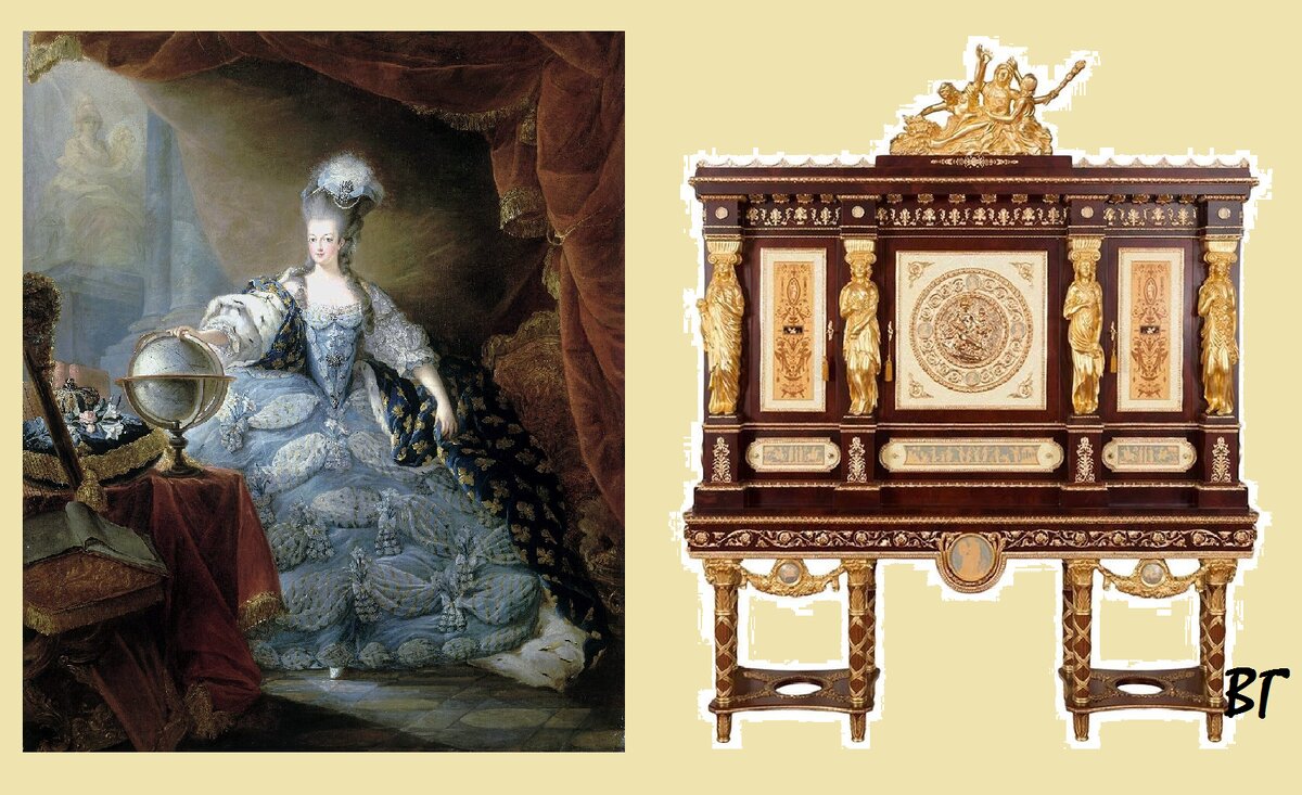 Слева - портрет королевы Марии-Антуанетты, справа-шкаф для драгоценностей