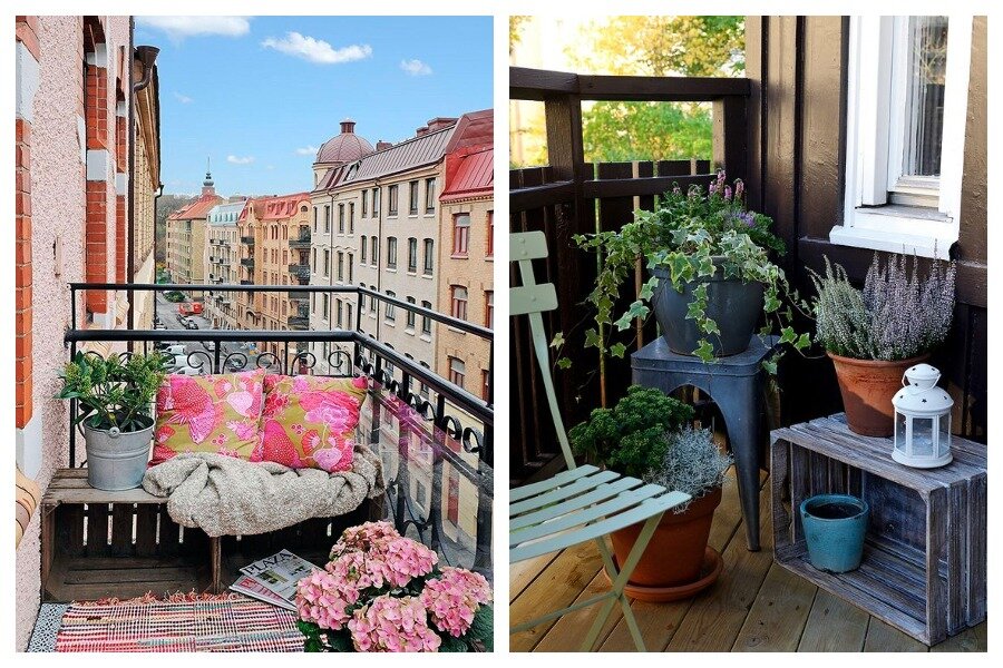 Используйте ящики и стеллажи для украшения балкона