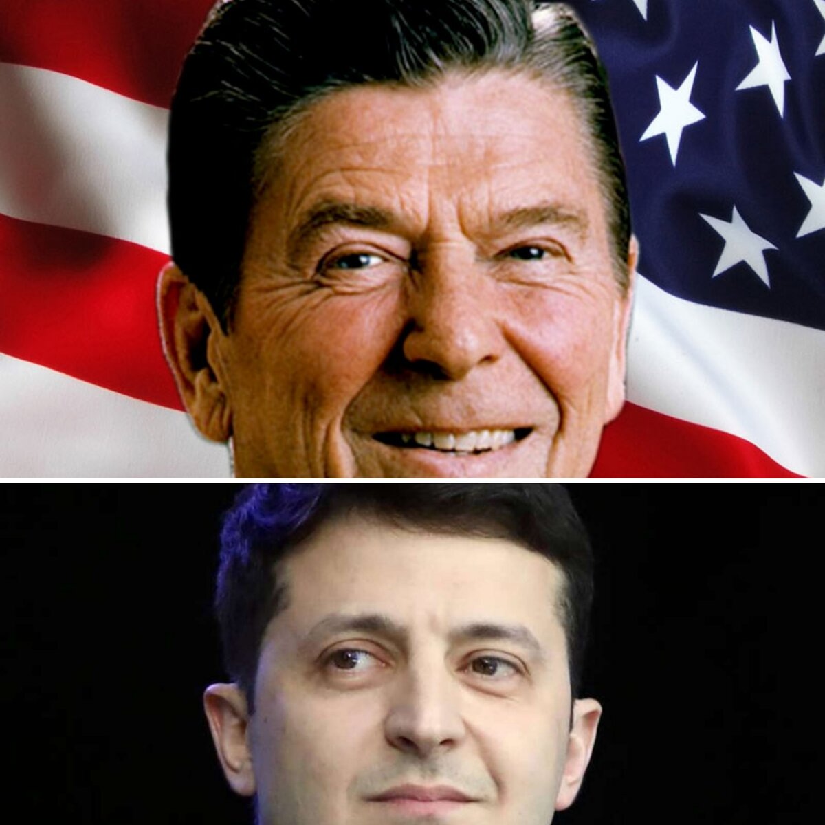 Бывший президент США Р. Рейган и нынешний президент Украины В. Зеленский. Коллаж автора, фото с сайтов newsland.com и skolkolet.com