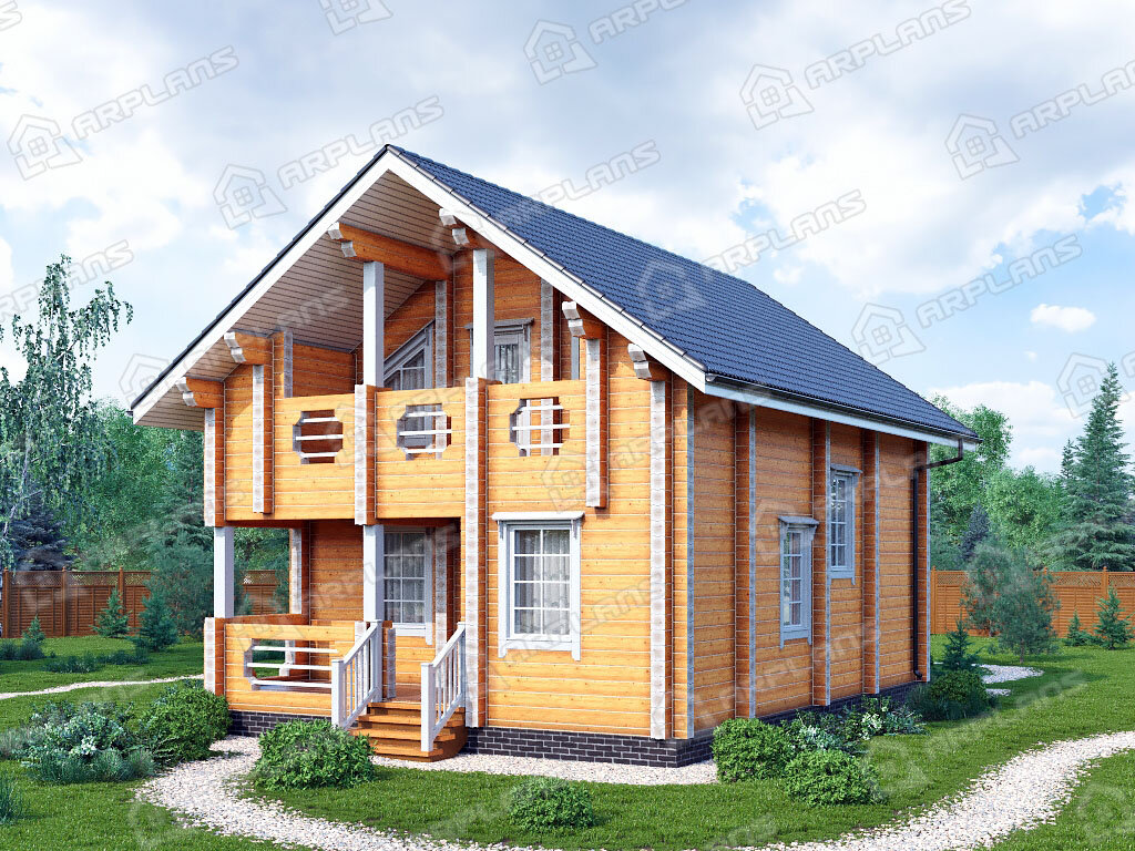 Фото 2 двухэтажного дома из бруса с мансардой, 2 спальнями, кабинетом, балконом и террасой. Общая площадь 109 кв м. Источник arplans.ru Проект ДС-134 