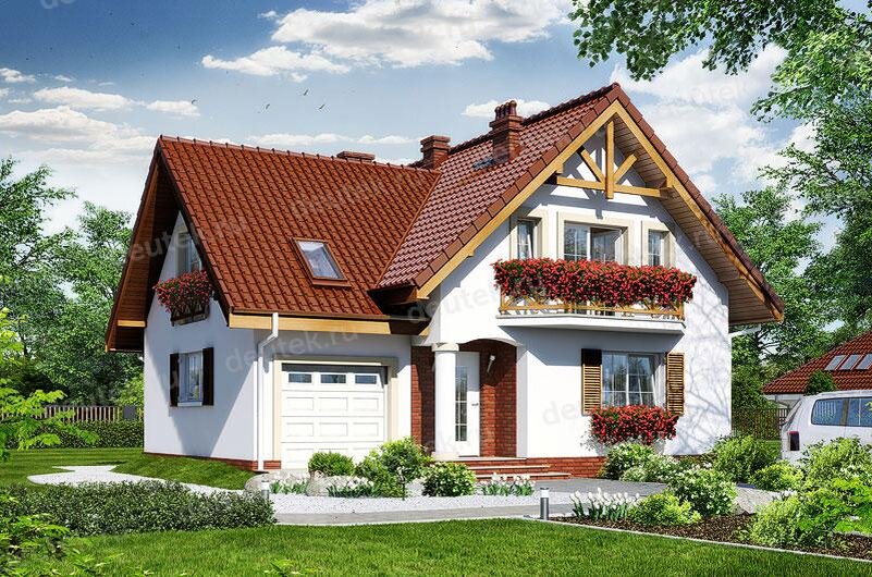 Проект дома 140 м2 из керамоблоков с мансардой, гаражом, эркером, балконом и террасой - DTV100116