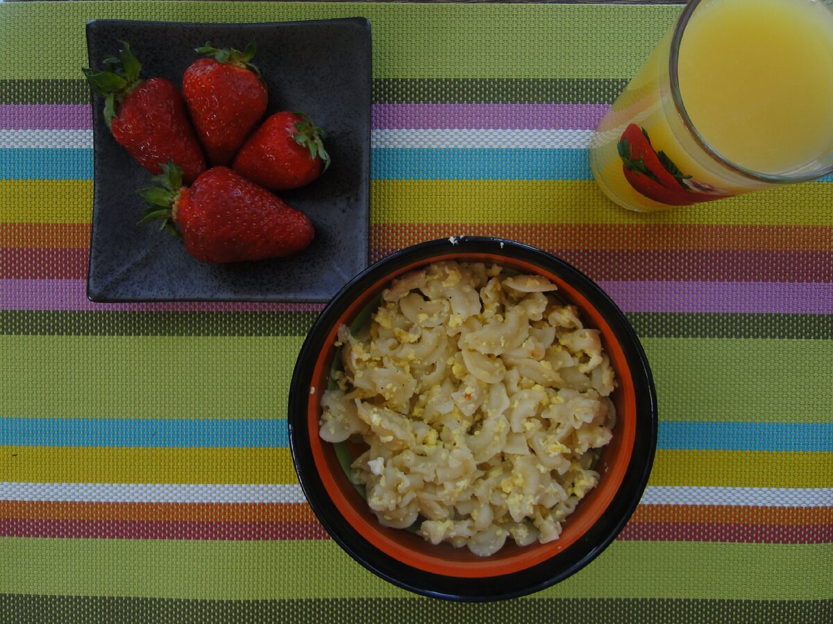 Завтрак. Макакроны с яйцом. Калорийность около 400Кк, стоимость около  40р.