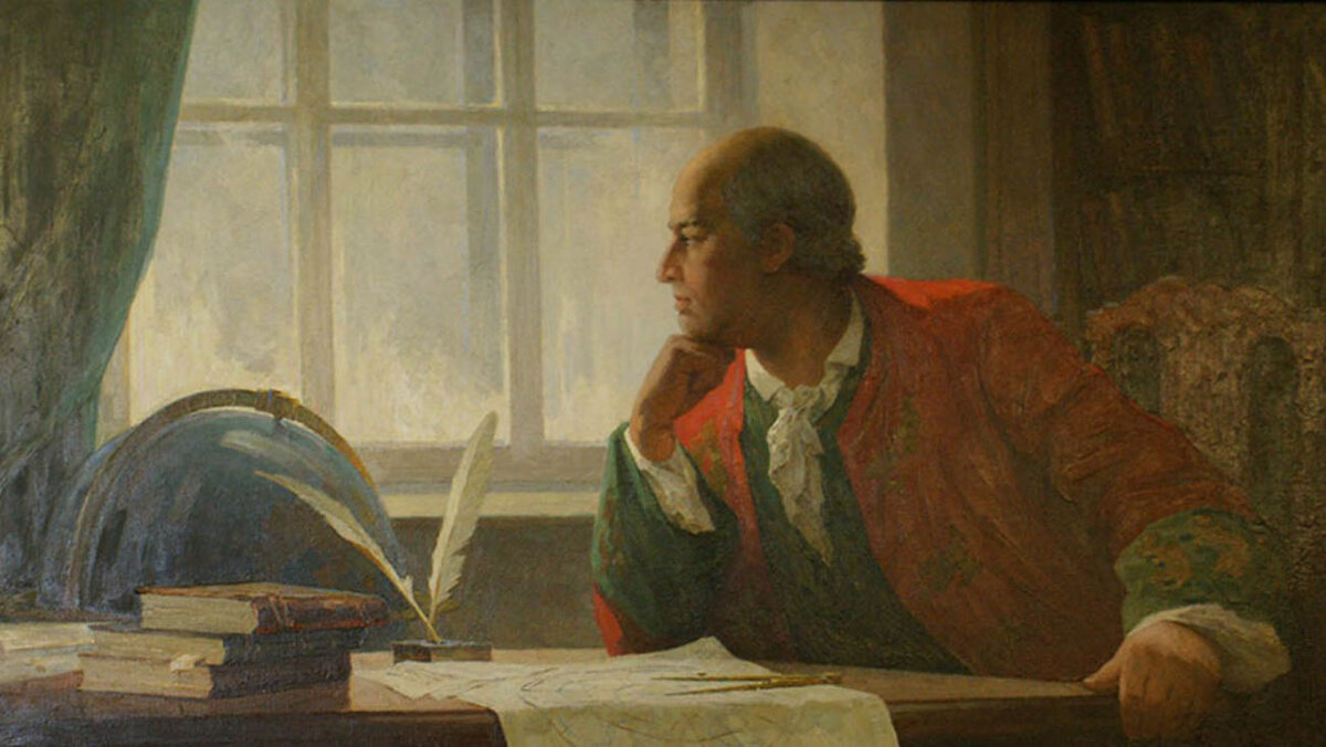 ПОРТРЕТ МИХАИЛА ЛОМОНОСОВА (ФРАГМЕНТ). КАРТИНА НИКОЛАЯ КИСЛЯКОВА. 1963. ИСТОРИКО-МЕМОРИАЛЬНЫЙ МУЗЕЙ М.В. ЛОМОНОСОВА, С. ЛОМОНОСОВО, АРХАНГЕЛЬСКАЯ ОБЛАСТЬ