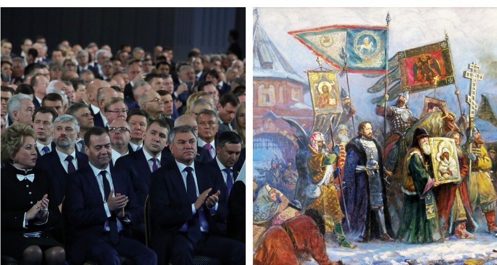 Коллаж автора. Коллаж автора. Источник: http://government.ru/news/25476/ Картина Игоря Машкова: https://new.runivers.ru/gal/gallery-all.php?SECTION_ID=7590&ELEMENT_ID=601278   