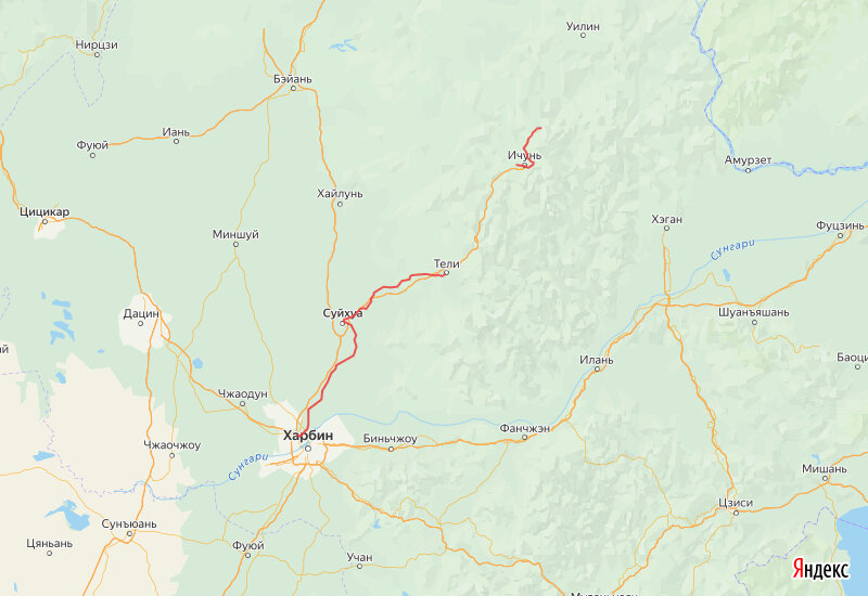 Действующая железнодорожная линия от Харбина до Тели и построенный участок в районе Ичуня