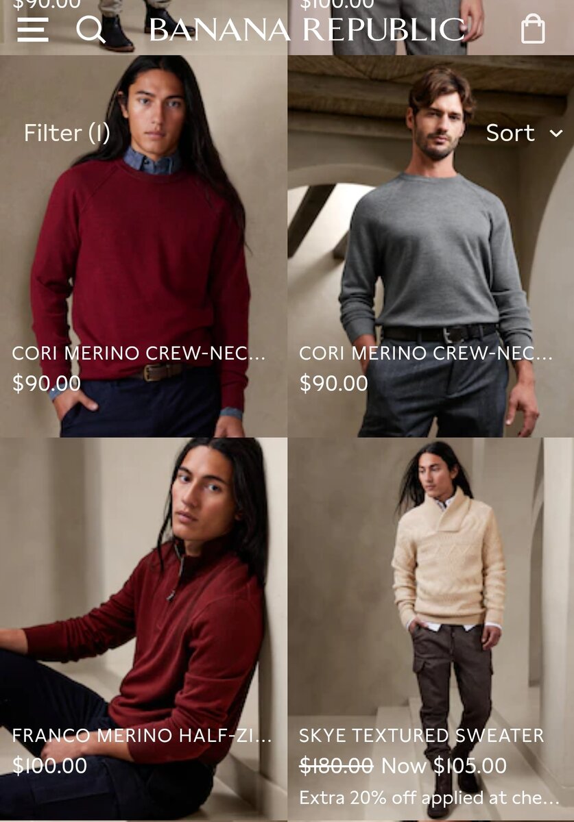 Стоимость пуловеров Banana Republic на официальном сайте бренда.