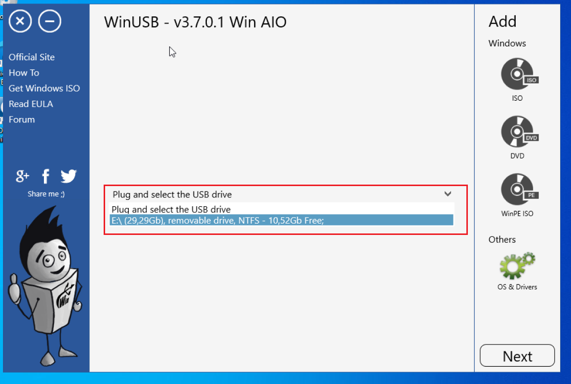 Окно программы WinUSB