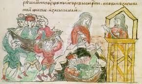     Первая месть Ольги. Миниатюра из Радзивилловской летописи, XV век