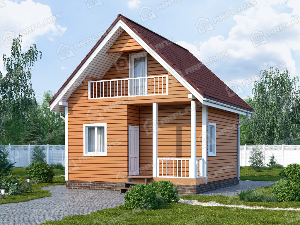 Фото 1 двухэтажного каркасного дома с мансардой, 1 спальней и балконом. Общая площадь 50 кв м. Источник arplans.ru Проект И-003