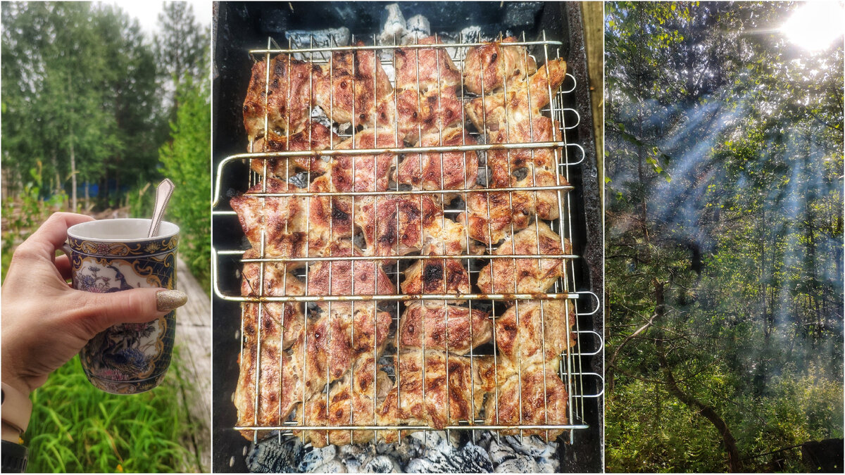 Кофе на крыльце, мясо на решетке, дым в лучах солнца 