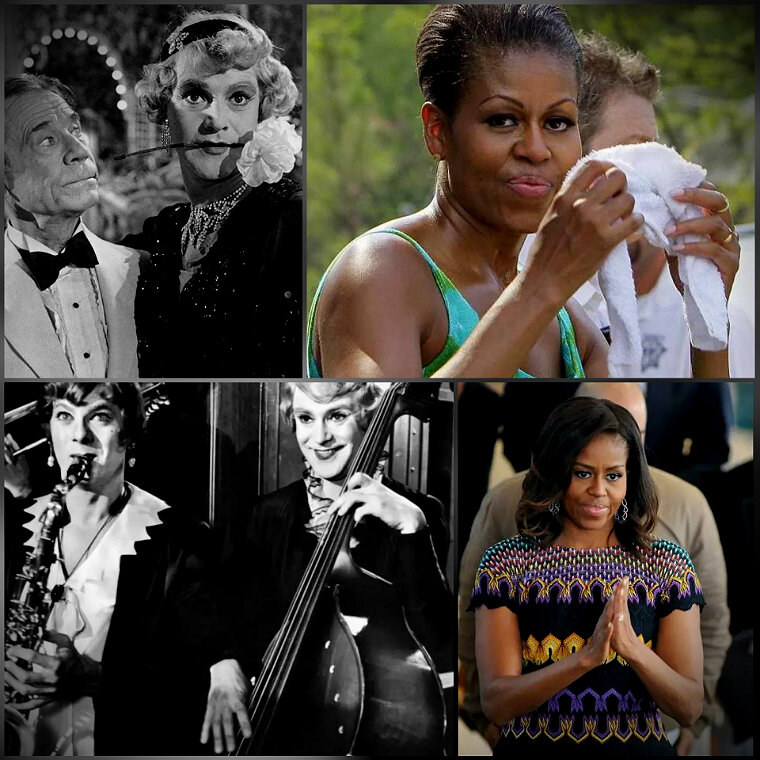 Кадры из фильма "В джазе только девушки" и Мишель Обама собственной персоной. Иллюстрации с ресурса Яндекс.Картинки