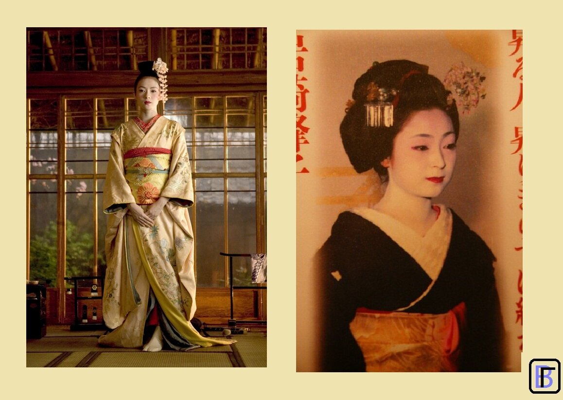 Слева кадр из фильма "Мемуары гейши", справа -Минеко Ивасаки