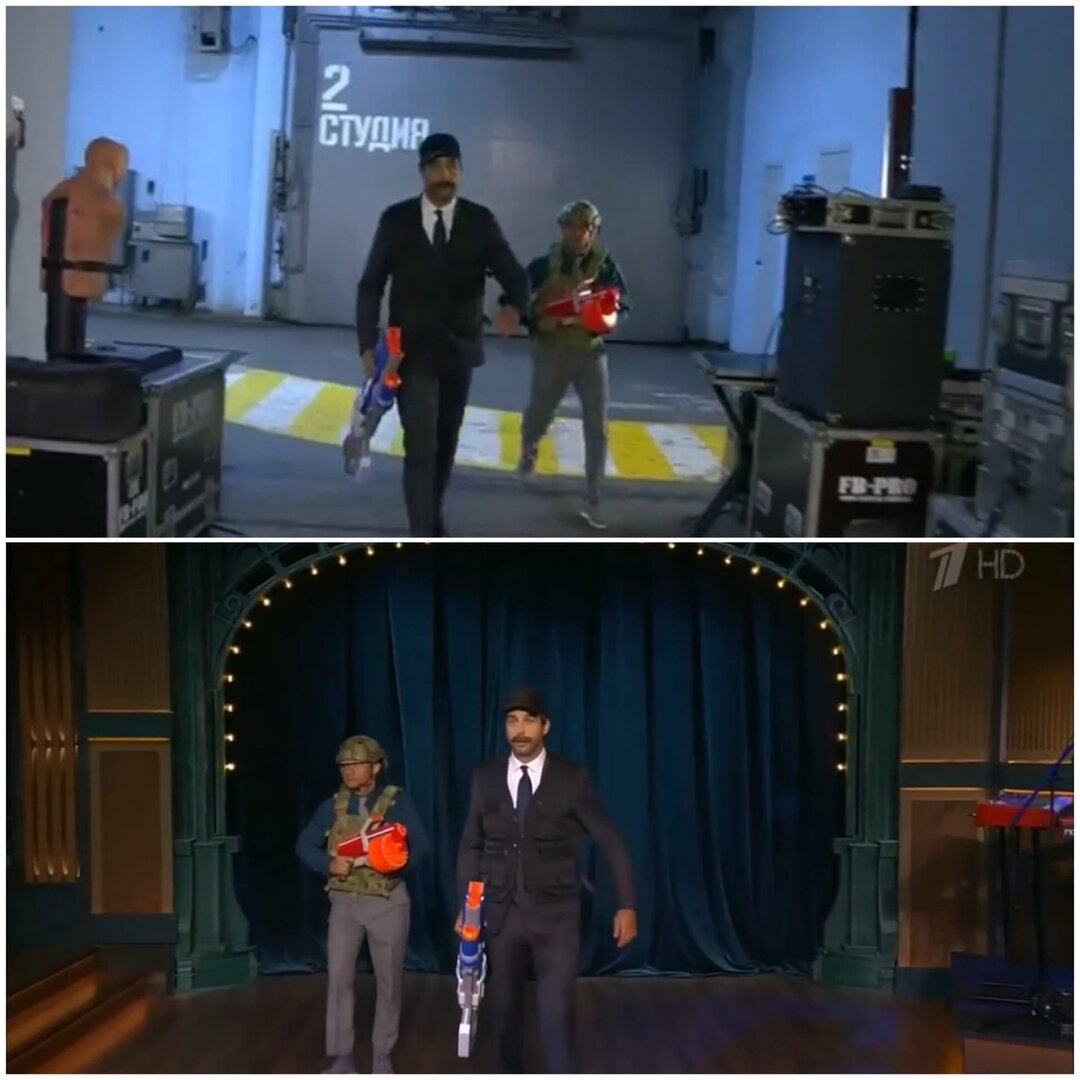 Ведущий Первого канала Иван Ургант появился в новом выпуске программы «Вечерний Ургант» с игрушечным автоматом в руках и наклеенными усами.