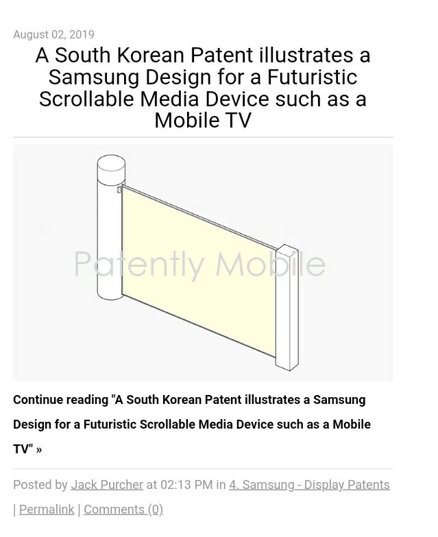 Продолжить чтение «Южнокорейский патент иллюстрирует дизайн Samsung для футуристического мультимедийного устройства с возможностью прокрутки, такого как мобильный телевизор» »