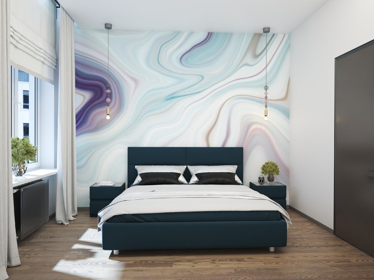 Эскиз небольшой спальни с фотообоями Лунный мрамор. Больше оттенка синего. Дизайнеры Андрей и Екатерина Андреевы.