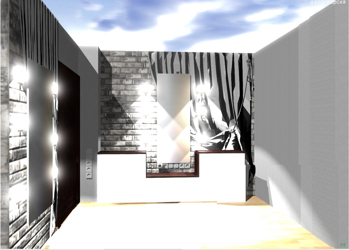 это будущий коридор, так как у меня в руках только демо-версия программы ПРО100, то многое в проекте условно, цвет передан слишком тёмный, обои куплены значительно светлее, серый скорее алюминиевого оттенка, там где я применила элемент занавес, показан переход из кирпича в просто серый цвет. Так же на этом рисунке отсутствует встроенный шкаф - не получалось иначе показать полостью коридор. Но общая концепция, как мне кажется понятна. Вот сейчас думаю - где бы взять обоину в виде серой портьеры, уж больно хорошо она смотрится на рисунке))))))))