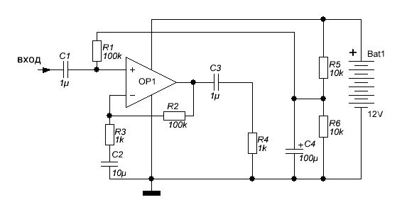 Рис. 1. Схема предварительного усилителя НЧ на ОУ.