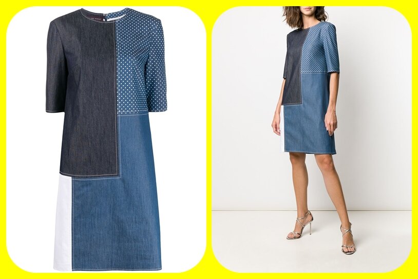 Прямое платье  с имитацией жакета сшито из 3-х видов ткани. не очень понимаю отлетную часть низа жакета, но в целом платье сшито аккуратно и выглядит своеобразно