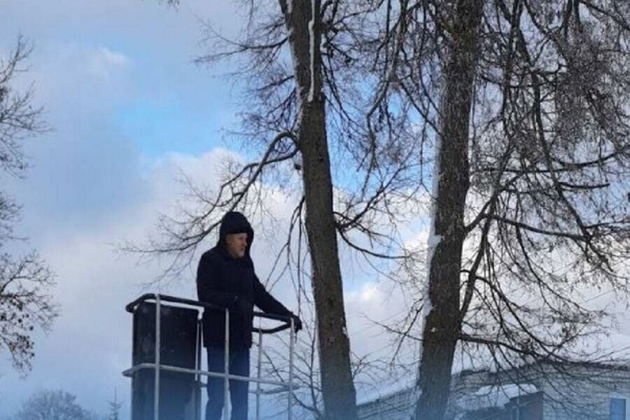 Виктор Макаров в люльке автовышки. Фото: администрация Краснознаменского МО