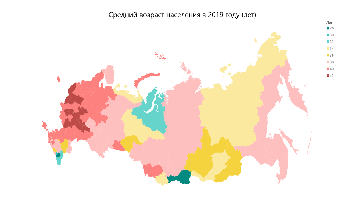 Средний возраст населения России в 2019 году. Источник: авторская карта по данным Росстат