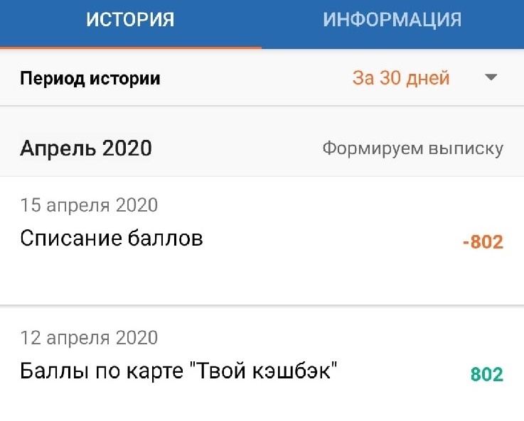 Выписка по начисленным баллам - кэшбэку за март 2020. 1 балл = 1 рубль. Списание баллов - это перевод балов в рубли на карту.
