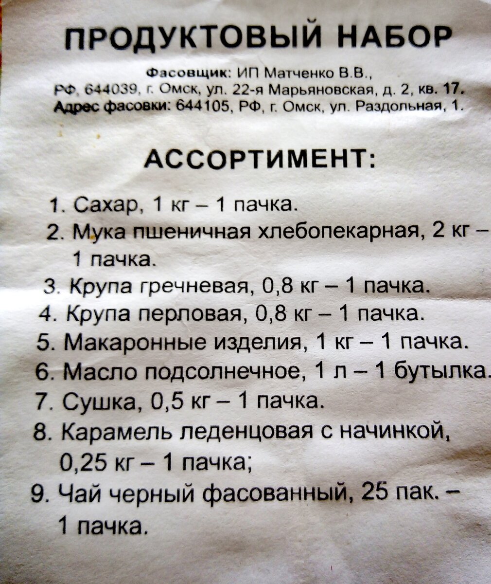 Состав продуктового набора, рассчитанный на 1 школьника