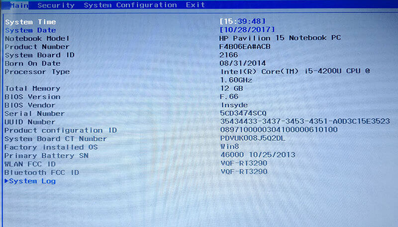 BIOS ноутбука HP