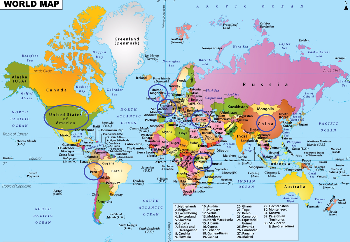 Страны которые нам требуются обведены.