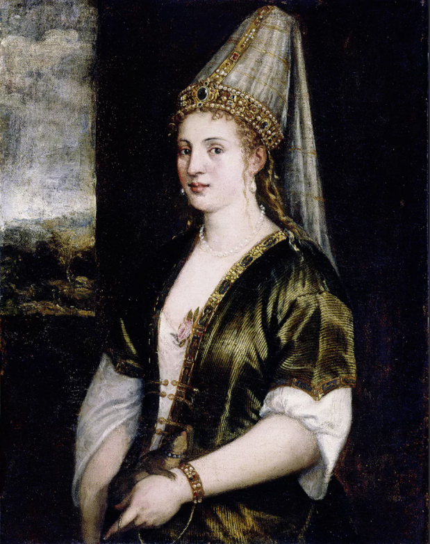 La Sultana Rossa. Тициан. Вторая половина XVI в. Однако реальное сходство с Роксоланой под большим сомнением. С большой долей вероятности для этого портрета позировала  Лавиния - дочь художника. Можно посмотреть на следующее фото в галерее. Этот портрет находится в Музее Джона и Мейбл Ринглинг в Сарасоте (Флорида, США)