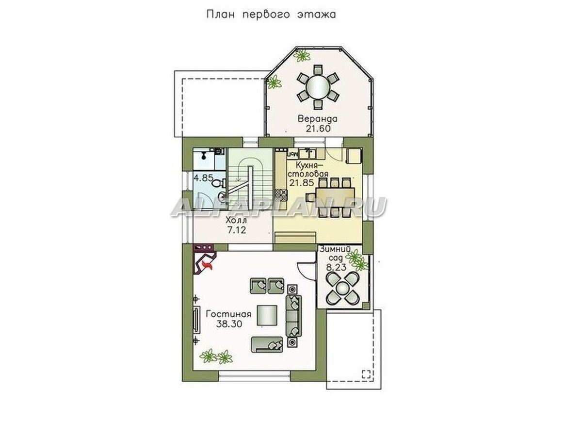 1 этаж – гостевая часть дома. Просторная квадратная  гостиная с большим панорамным окном и угловым камином имеет также выход в зимний сад – несомненное украшение любого интерьера. Из кухни-столовой, расположенной по соседству, можно выйти на остекленную веранду многогранной формы.