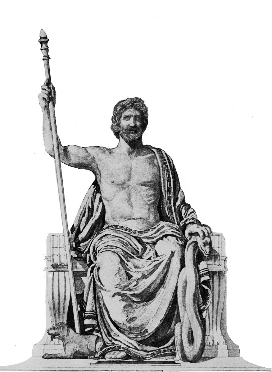 Классическая статуя Асклепия античного периода. Посох с емкостью-набалдашником и животные-помощники - собака и змея. Иллюстрация: https://ru.wikipedia.org/