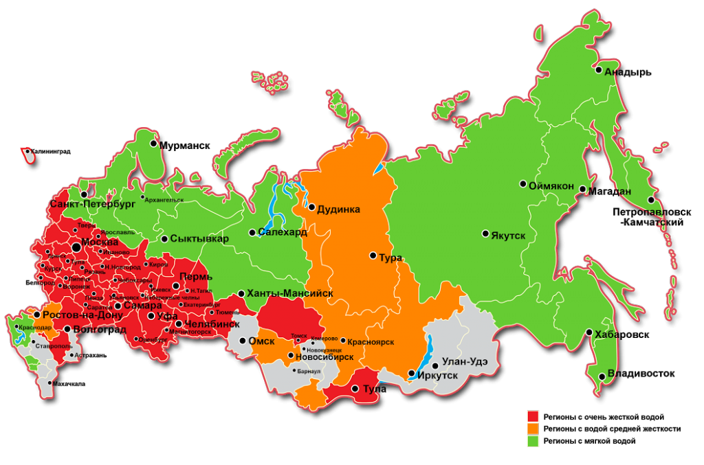 Карта жёсткости воды по регионам России