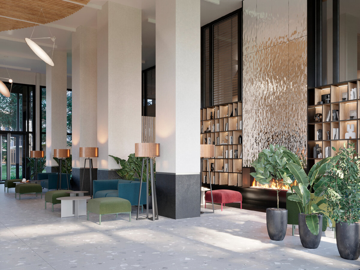 Рендер лобби и переговорной зоны.