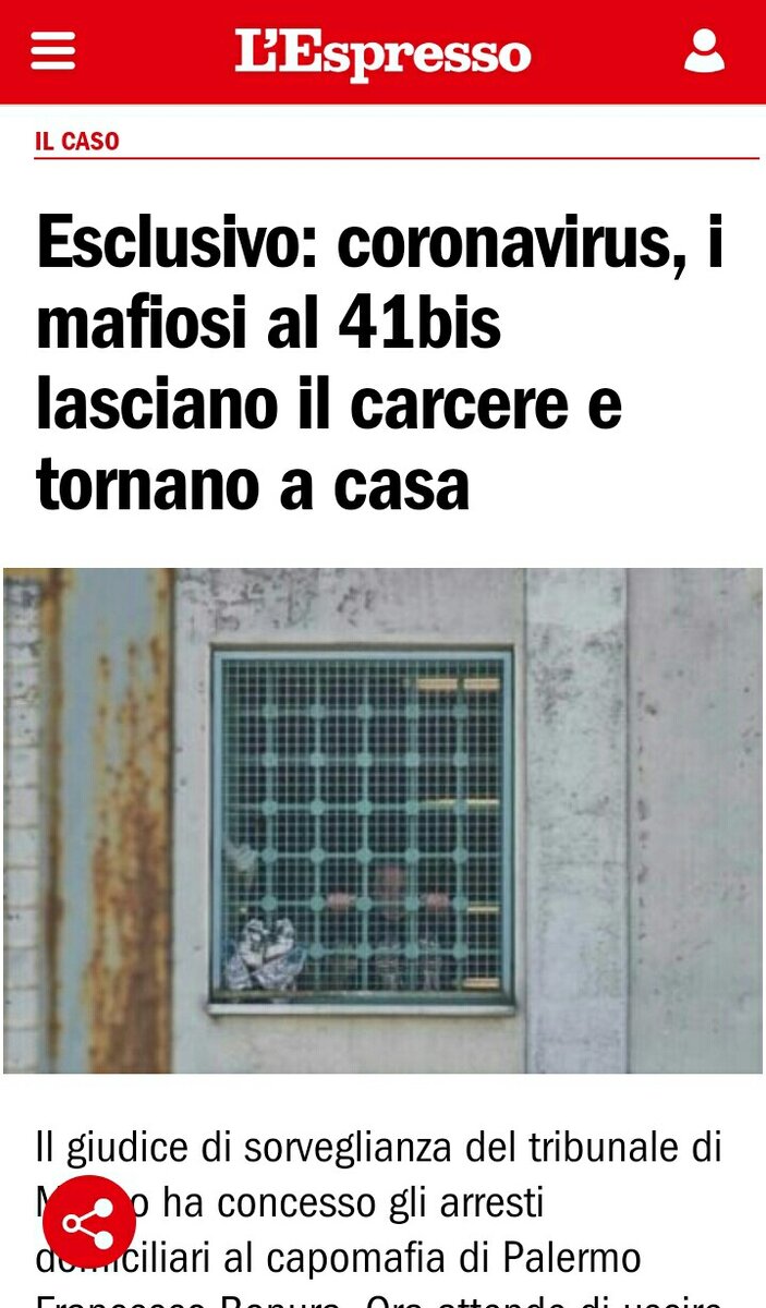 Статья в новостном журнале  L' Espresso о выходе из тюрем боссов итальянской мафии. 