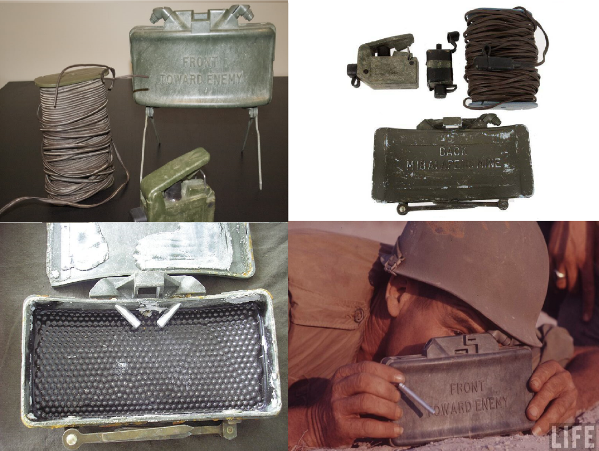 Слева вверху- комплект мины M18A1 Claymore (вид спереди), справа вверху- комплект мины M18A1 Claymore (вид сзади), слева внизу- внутреннее устройство мины M18A1, справа снизу- военнослужащий армии США осуществляет прицеливание через прицел типа «edge sight».
