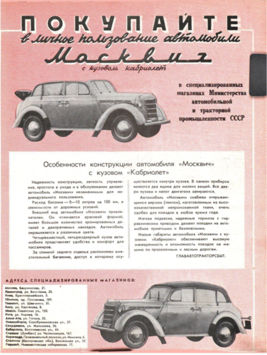 Из описания «Москвича» с кузовом «Кабриолет»: «Внешний вид автомобиля «Москвич» привлекателен. Он отличается красивой формой, имеет большое количество хромированных деталей и декоративных накладок. Автомобиль окрашивается в различные цвета». «Огонек» № 02-1950