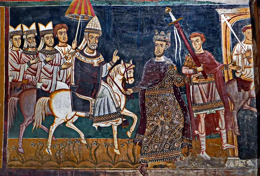 Император Константин Великий ведет под уздцы коня, на котором восседает папа Сильвестр I. Фреска в монастыре Санти-Куаттро-Коронати. Рим, 1247