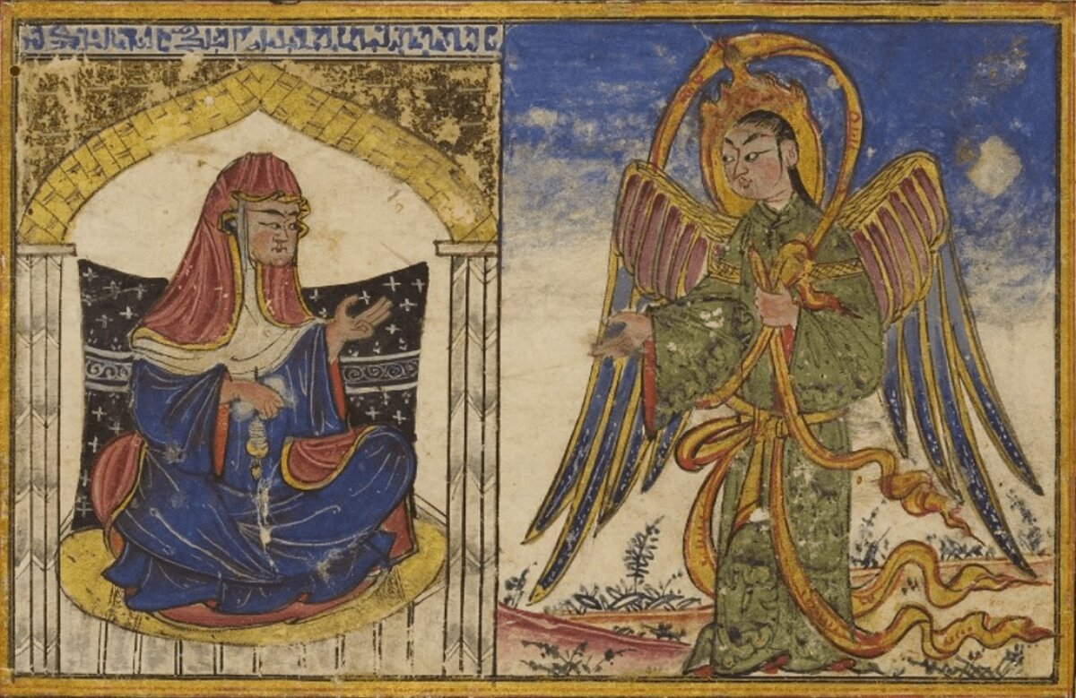 Персидская миниатюра из "Хронологии древних народов" Аль-Бируни, 1307 год., сюжет благовещения Марии, когда к ней явился архангел Гавриил с вестью о непорочном зачатии.