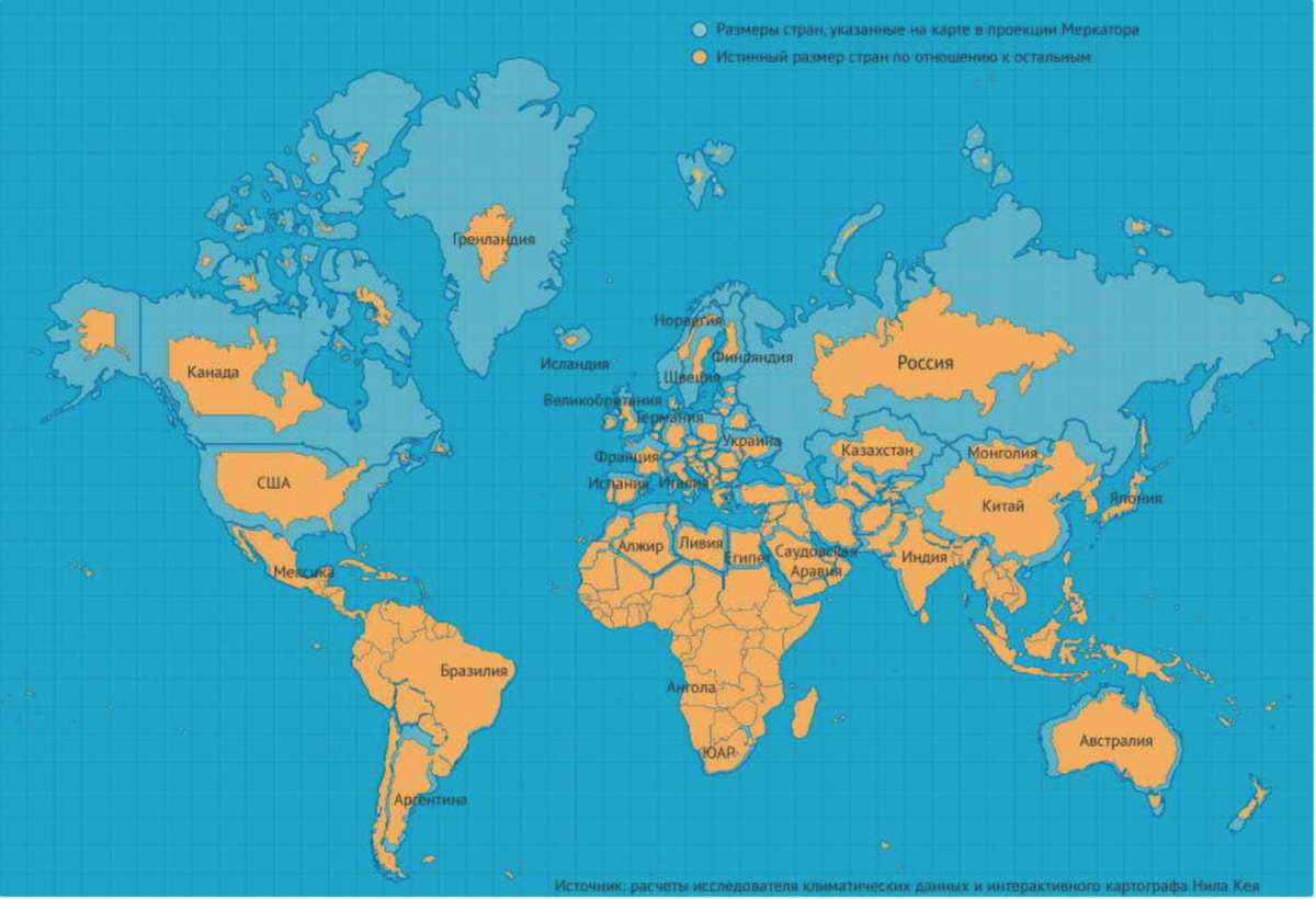 Проекция Меркатора реальные Размеры стран.