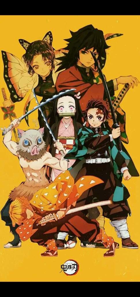 Юношу в маске кабана зовут Иноске Хашибира стоящий на противоположной стороне от него-Танджиро Комадо (как раз таки главный герой аниме) стоящий в стоке рядом с этими двумя в желтом одеянии - Зеницу Агацума а выше ,ровно между всеми тремя юношами сестра Танджиро - Незуко Комадо. О ней чуть позже. Остальные двое на фоне тоже истребители,но называються столбами - одни из сильнейших охотников на демонов. 