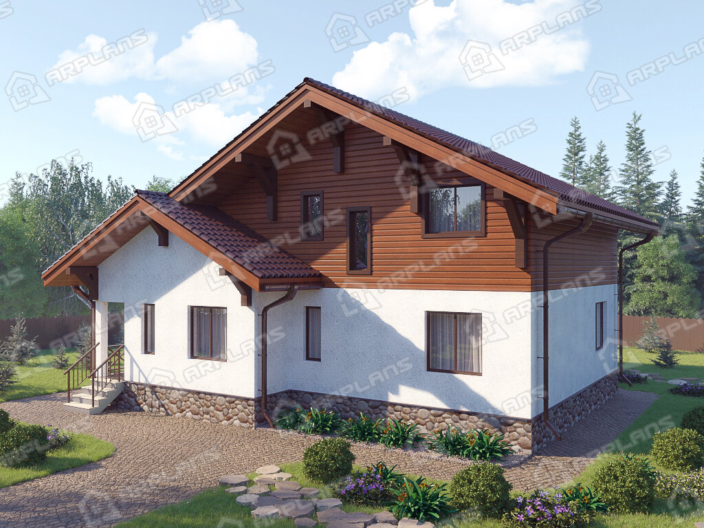 Фото 1 двухэтажного дома из кирпича с мансардой, 4 спальнями, балконом, газовой котельной и террасой. Общая площадь до 190 кв м. Источник arplans.ru Проект К-090