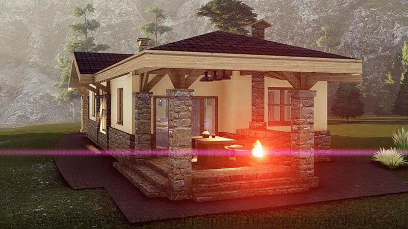 Оригинальность проекту дома придаёт оригинальное решение навершия колонн и подкосов у балок кровли.