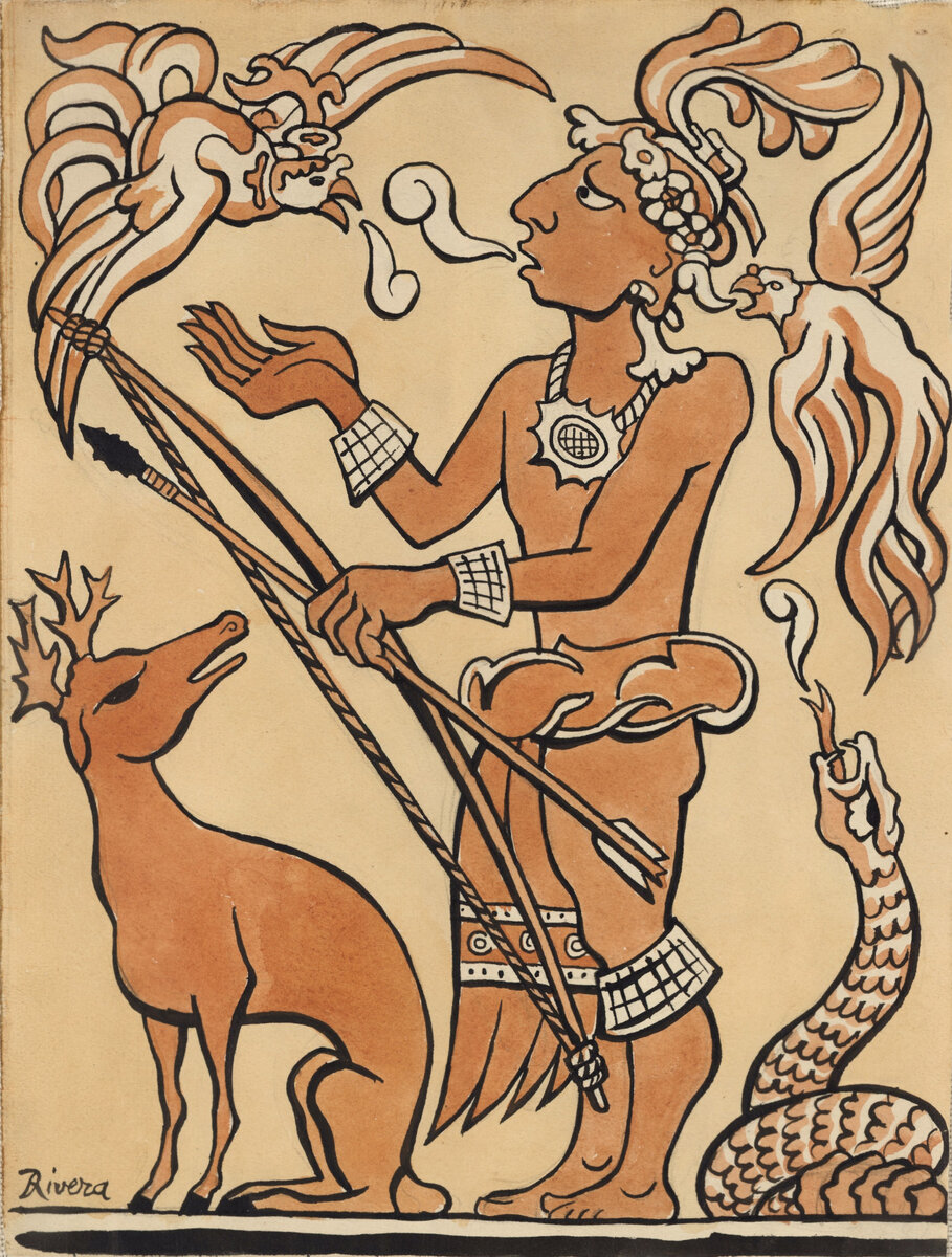 Охотник, змей, олень и птицы. Диего Ривера, 1935. Коллекция Museo Dolores Olmedo, Mexico.