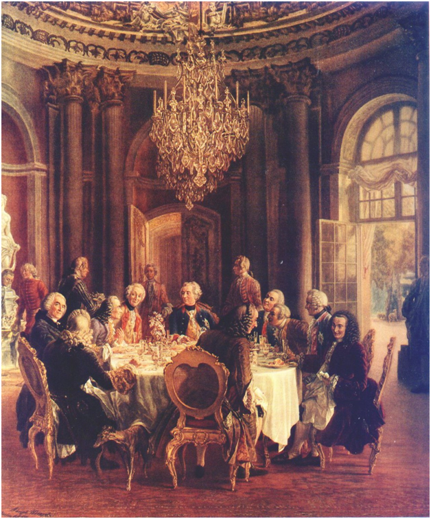 Адольф фон Менцель. Круглый стол Фридриха Великого. 1850 г. В центре – Фридрих II, который беседует с Вольтером (второй слева от короля).