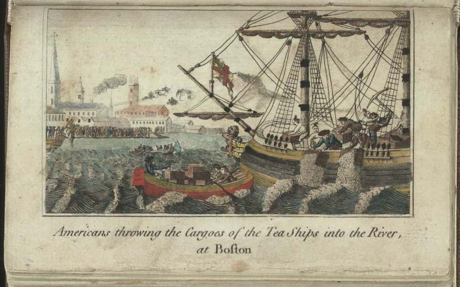 "Бостонское чаепитие". Раскрашенная гравюра Купера (1789)