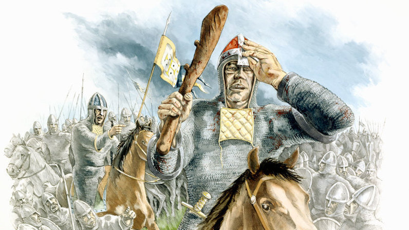 На этой иллюстрации изображен Вильгельм Завоеватель, откидывающий свой шлем, чтобы показать войскам, что он жив, во время битвы при Гастингсе в 1066 году.