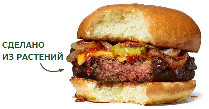 Гамбургер  искусственного мяса и сыра, произведенного компаний Impossible Foods  из растений (Яндекс картинки)