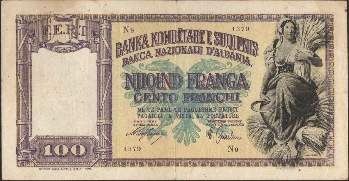 Албания 100 франга 1940г. аверс Итальянская окупация. Селянка с серпом и снопом, двуглавый орёл в центре.