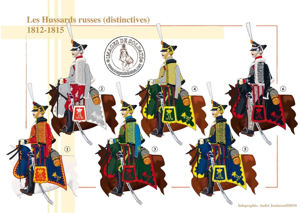 1 - Лейб-гвардии, 2 - Сумской, 3 - Павлоградский, 4 - Елисаветградский, 5 - Мариупольский, 6 – Александрийский.