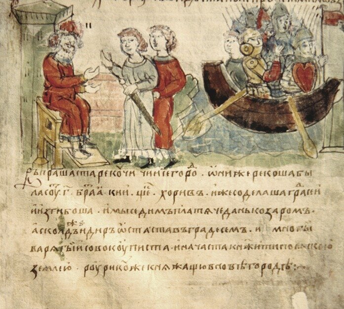 Князь Олег отправляет Аскольда и Дира (по мнению Б.А. Рыбакова, никакого Дира не было, один Аскольд) в поход на Византию. Миниатюра из Радзивиловской летописи. 